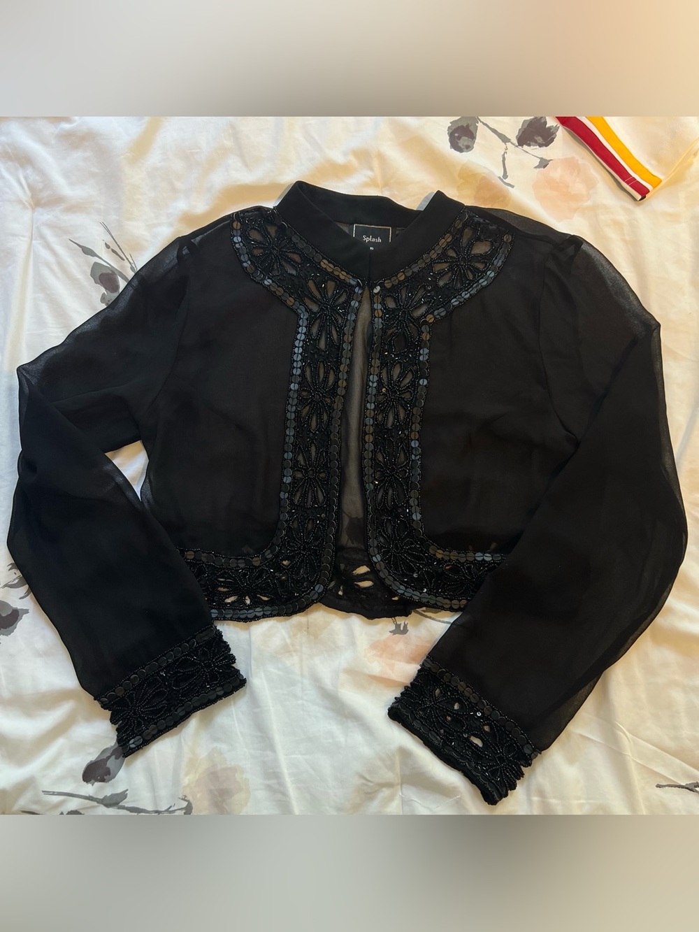 Splash Vintage Black Beaded Trim Cropped Bolero Jacket Cardigan